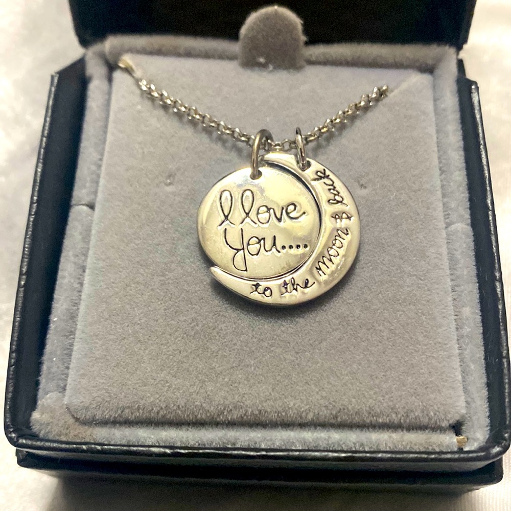NIB Silver pendent and 18” necklace “I love you to the moon and back”